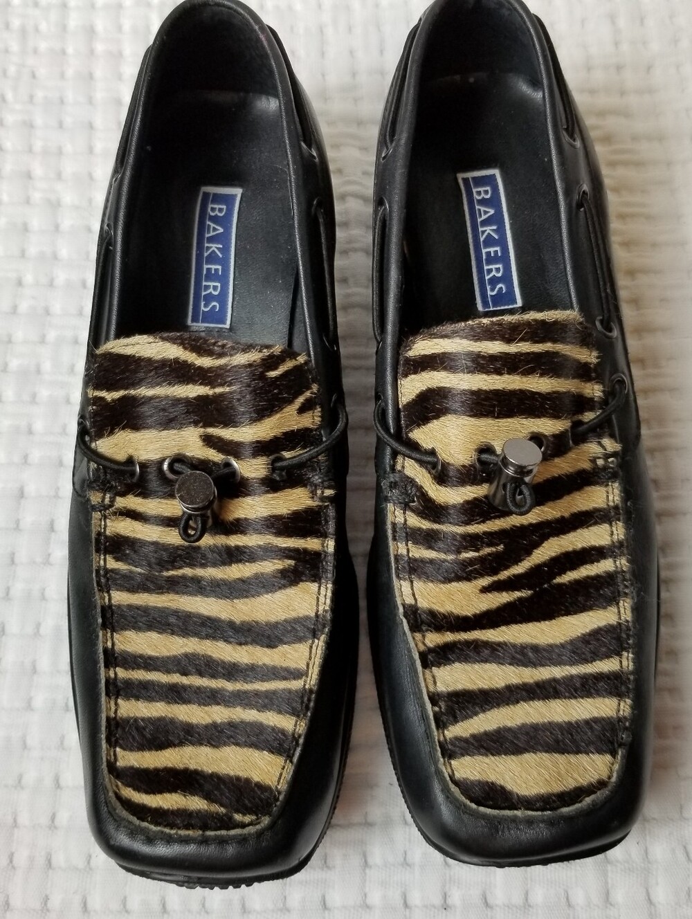Bakers Black Leather Zebra Print Calf Hair Square Toe Toggle Slip-On Loafers